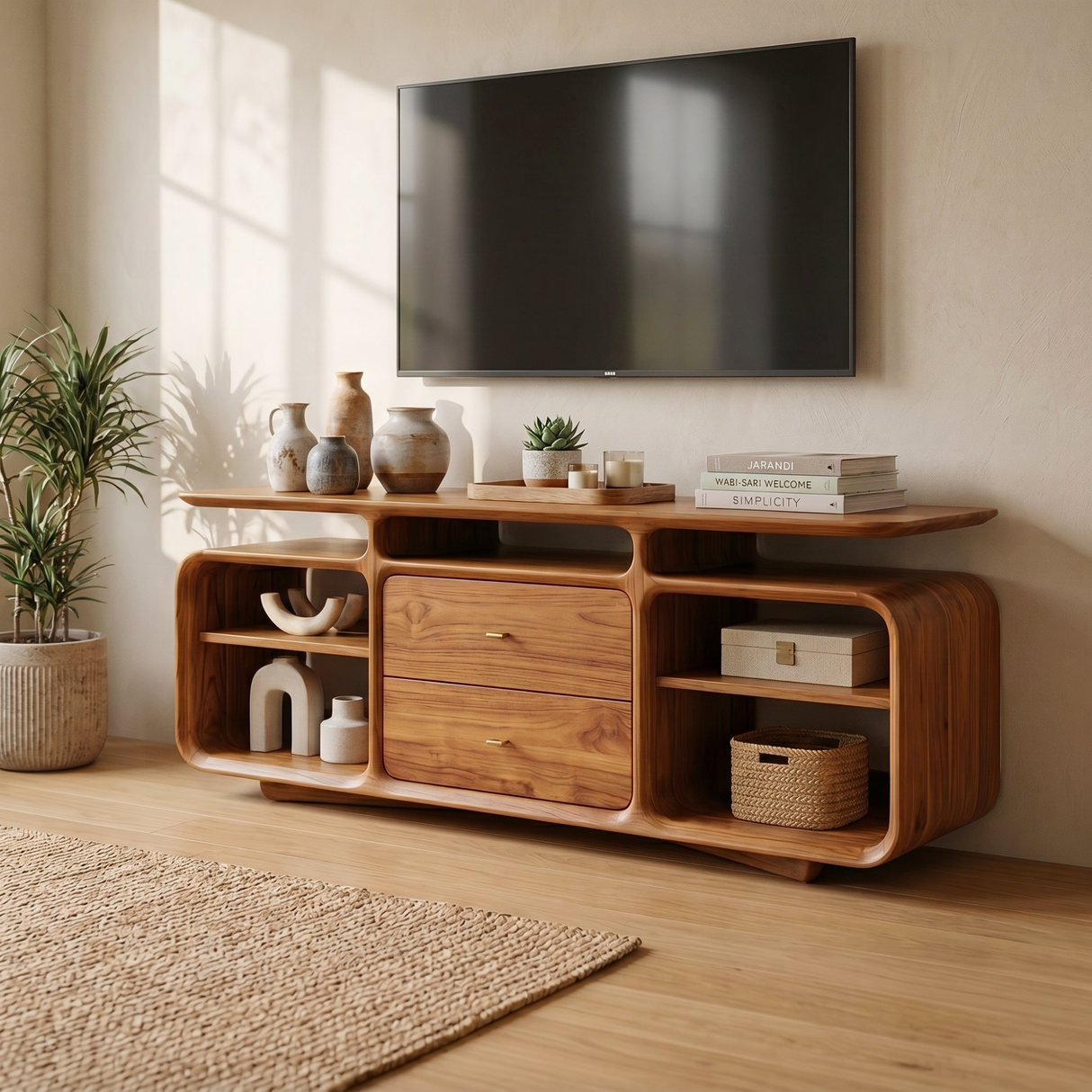 Solid Wood Low Sideboard Cabinet with Drawers and Open Storage Shelves