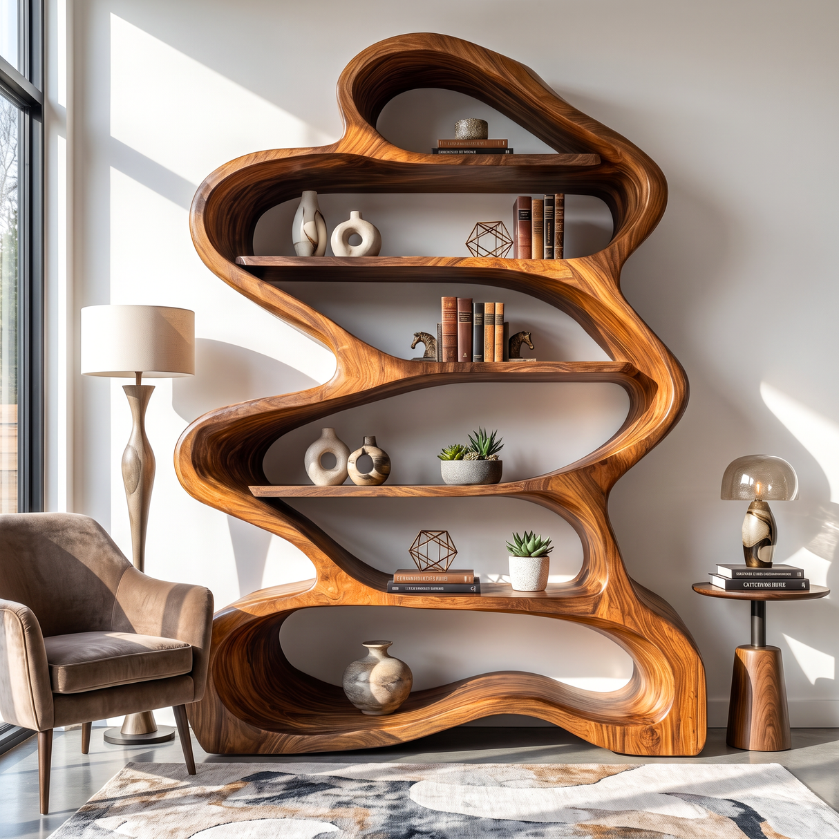 Bookshelf Solid Wood with Sculptural Layered Loop Frame and Open Display Shelves