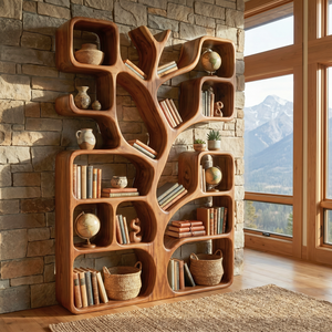Handcrafted Solid Wood Tree Bookshelf with Organic Open Display Shelves