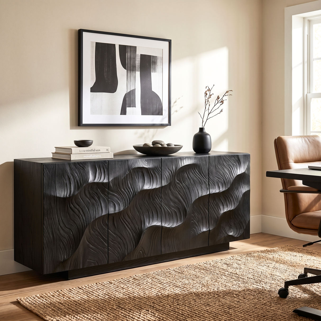 Sideboard Solid Wood with Sculptural Layered Dune Carved Doors for Living Room