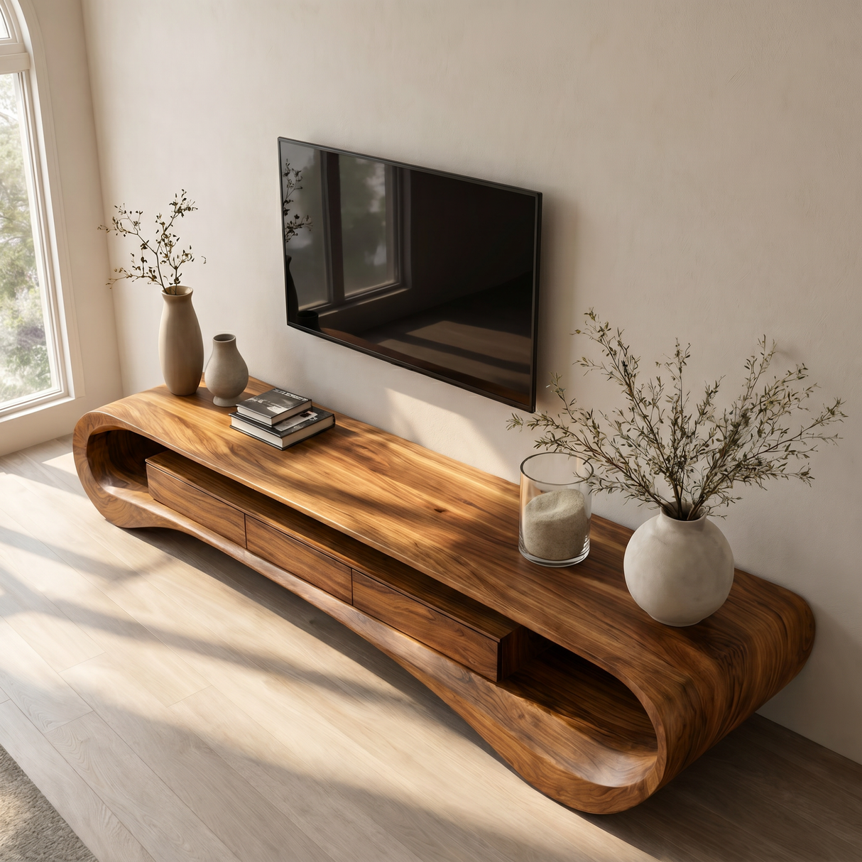 Organic Solid Wood TV Stand with Wave Frame and Storage Drawers
