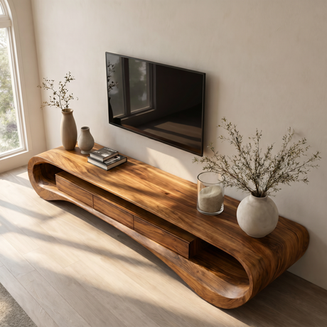 Organic Solid Wood TV Stand with Wave Frame and Storage Drawers