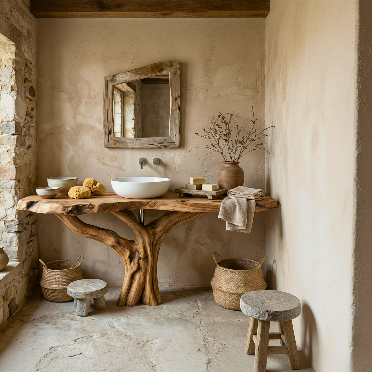Handcrafted Solid Wood Bathroom Vanity with Sculptural Root Base
