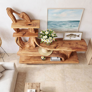 Artistic Solid Wood Console Table with Sculptural Base and Tiered Display Shelves Organic Freeform Console Table