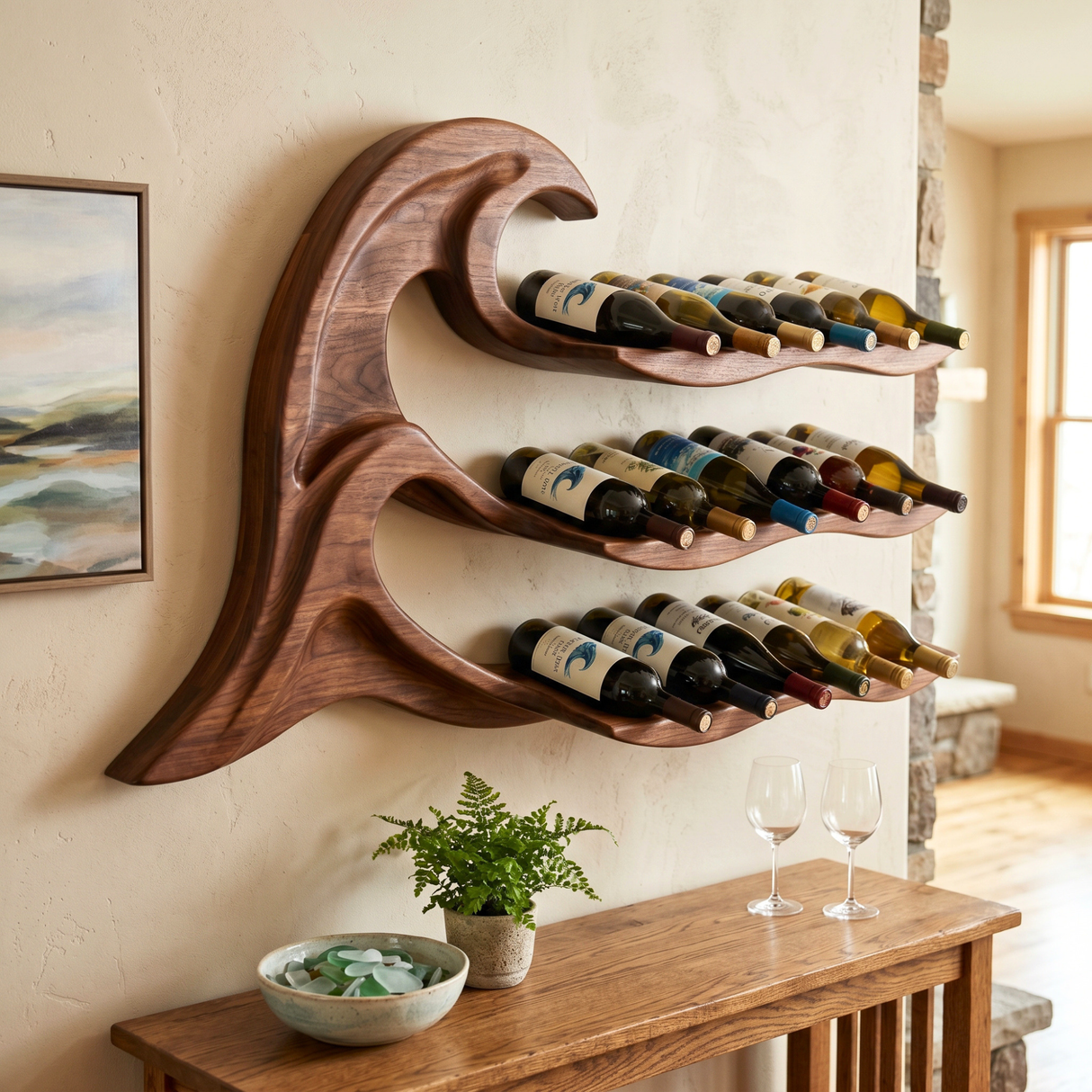 Modern Organic Solid Wood Wine Rack Wall Shelf