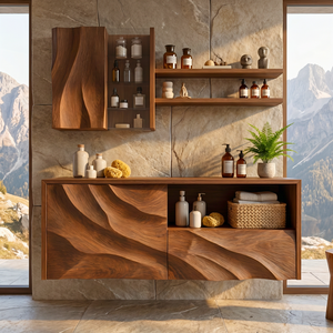 Sculpted Solid Wood Floating Bathroom Vanity with Layered Organic Relief