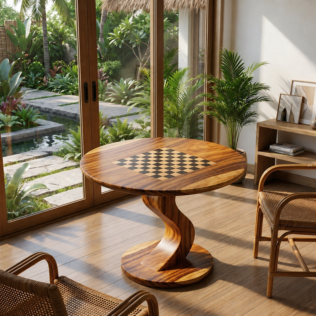 Solid Wood Round Chess Table with Curved Sculptural Pedestal Base