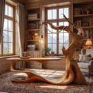 Sculptural Wood Reading Table with Integrated Hanging Lamp