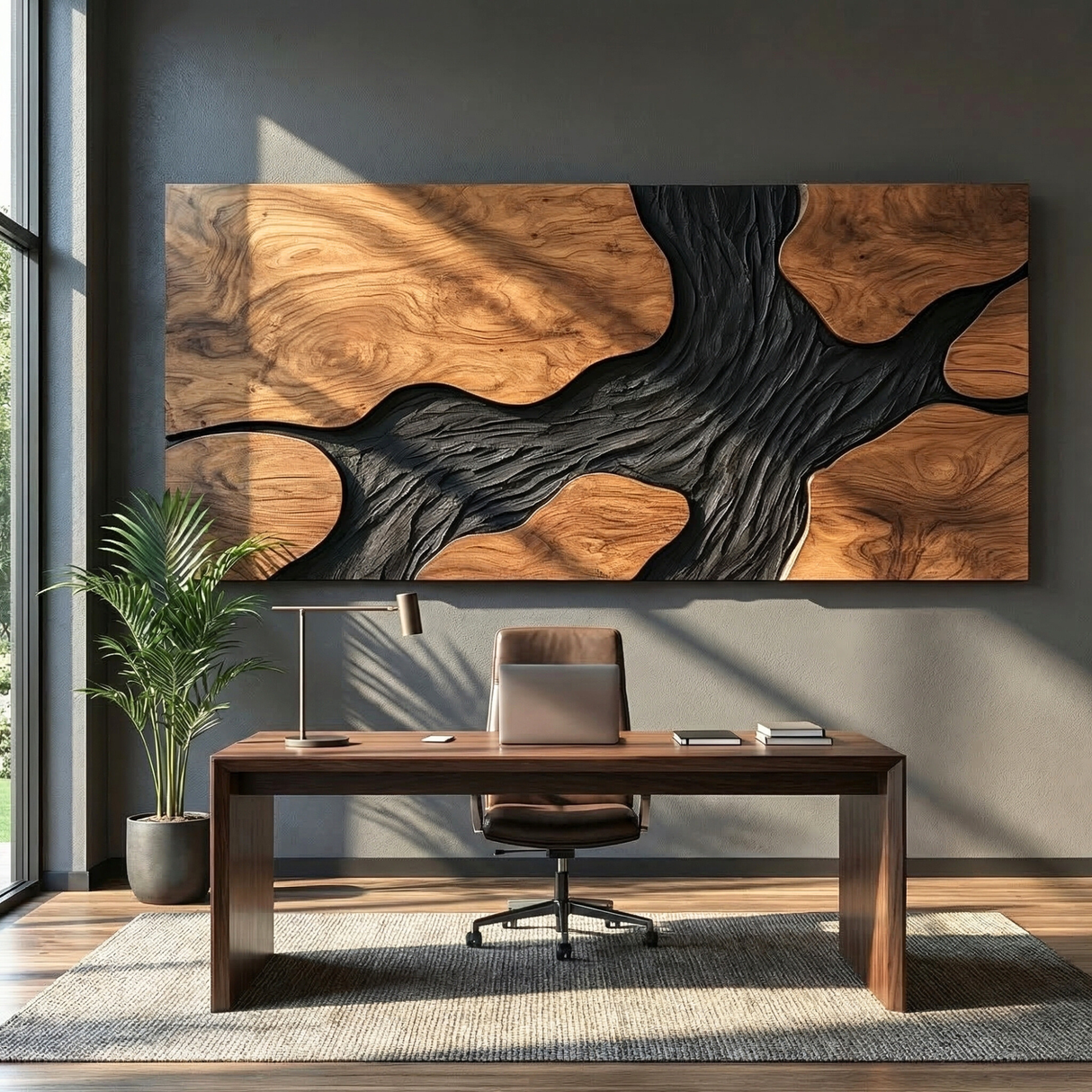 Sculptural Wood Wall Art Panel with Black Flowing Grain Form