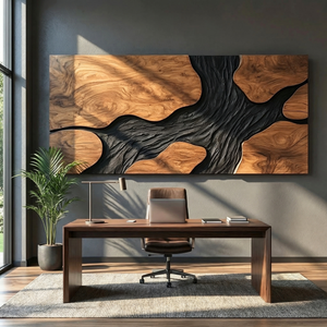 Sculptural Wood Wall Art Panel with Black Flowing Grain Form