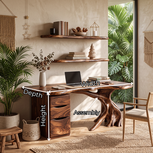 Live Edge Solid Wood Desk with Sculptural Tree Base and Three Drawer Storage