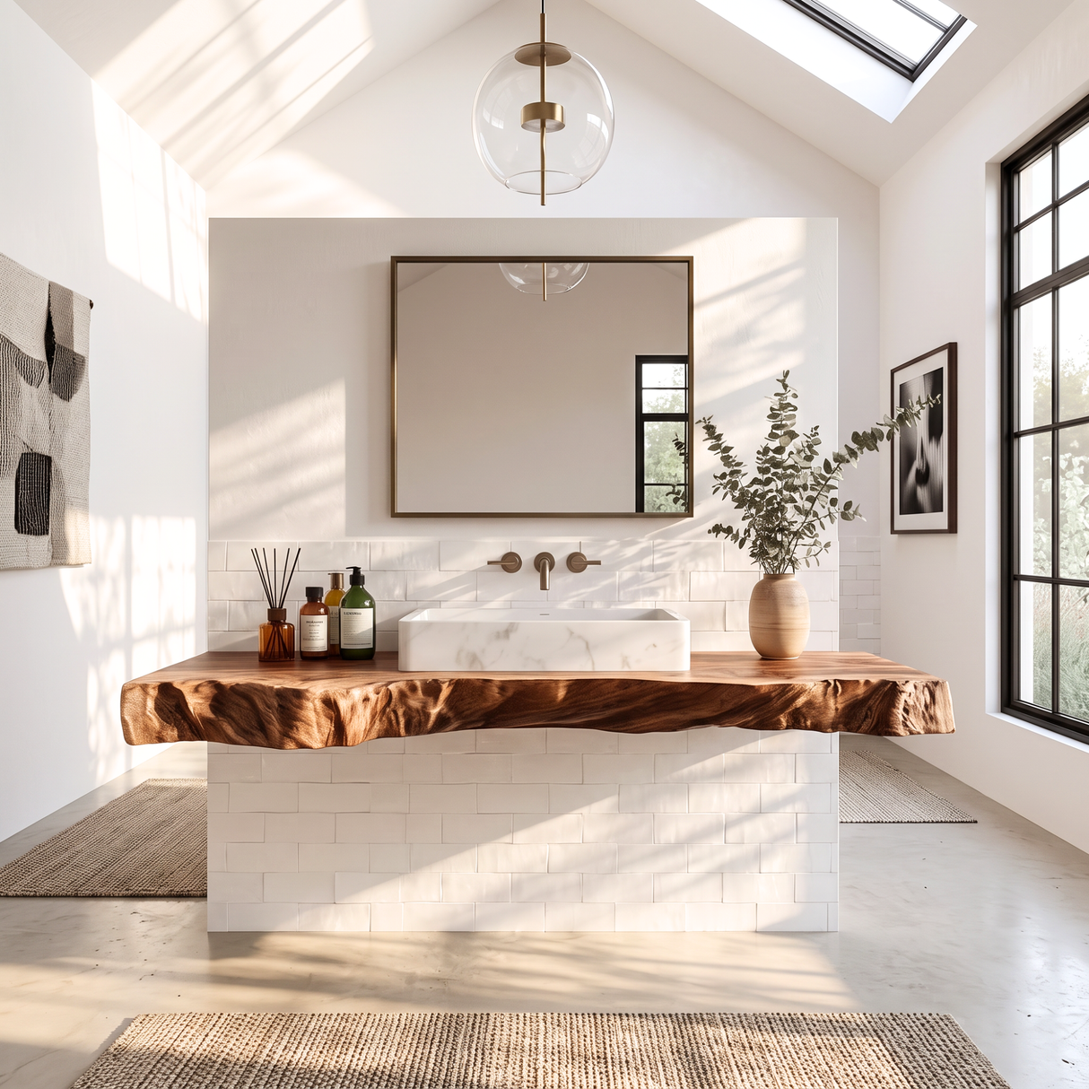 Solid Wood Floating Bathroom Vanity Shelf with Thick Live Edge Slab