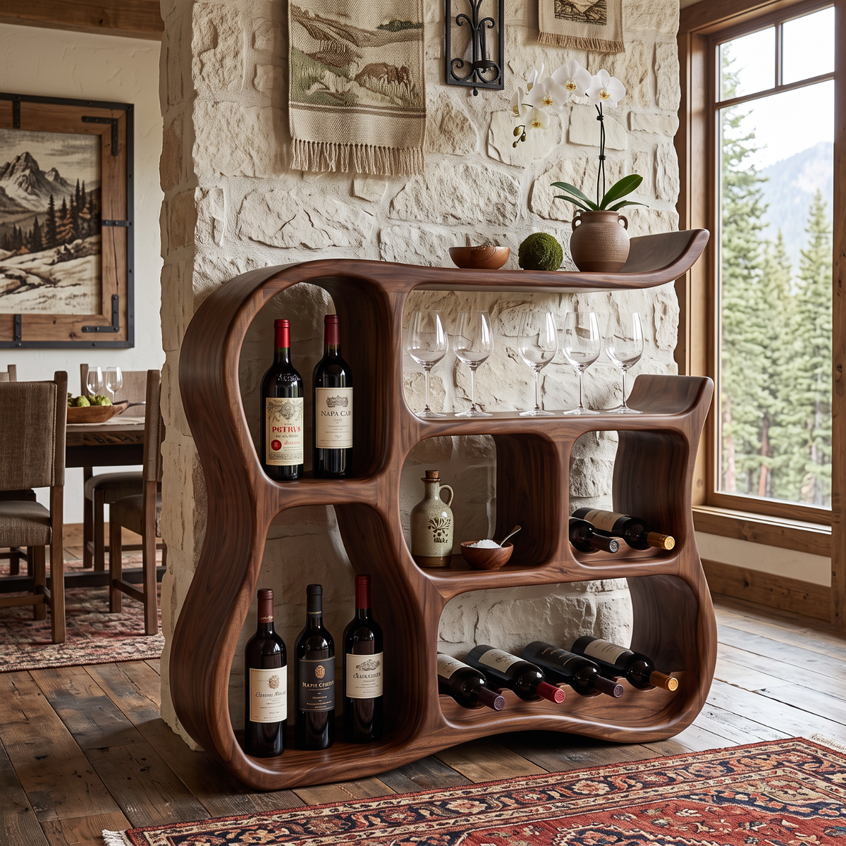 Wine Cabinet Solid Wood with Organic Curved Compartments for Home Bar Storage