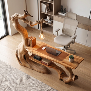 Organic Wood Desk With Hanging Lamp Sculptural Modern Workspace Furniture