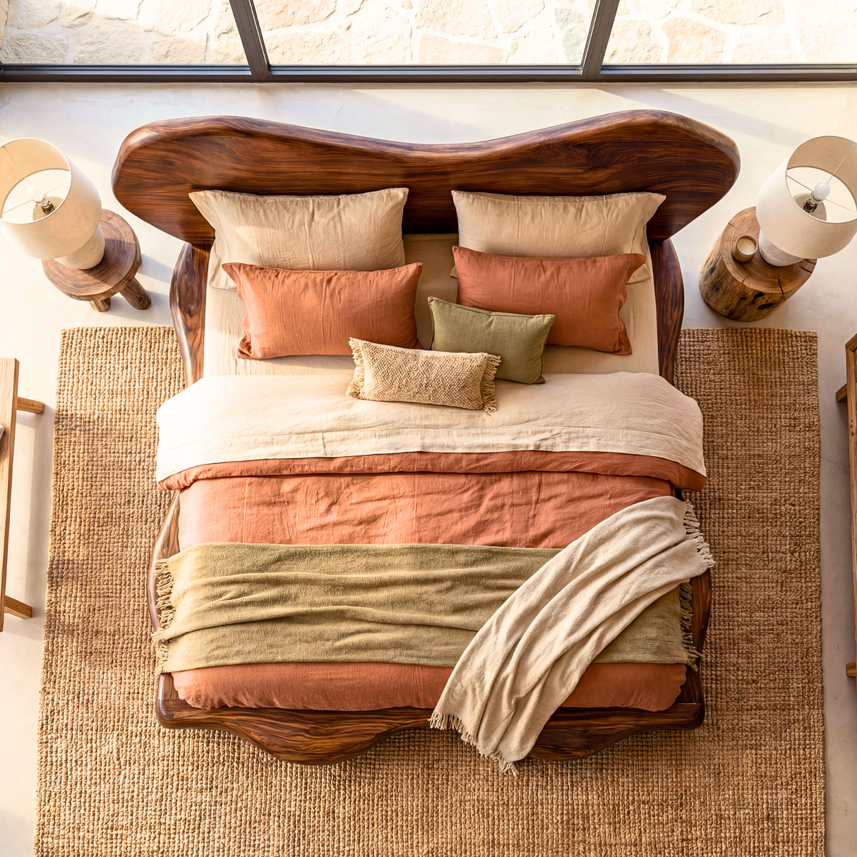 Organic Solid Wood Bed with Sculptural Curved Headboard and Platform Base