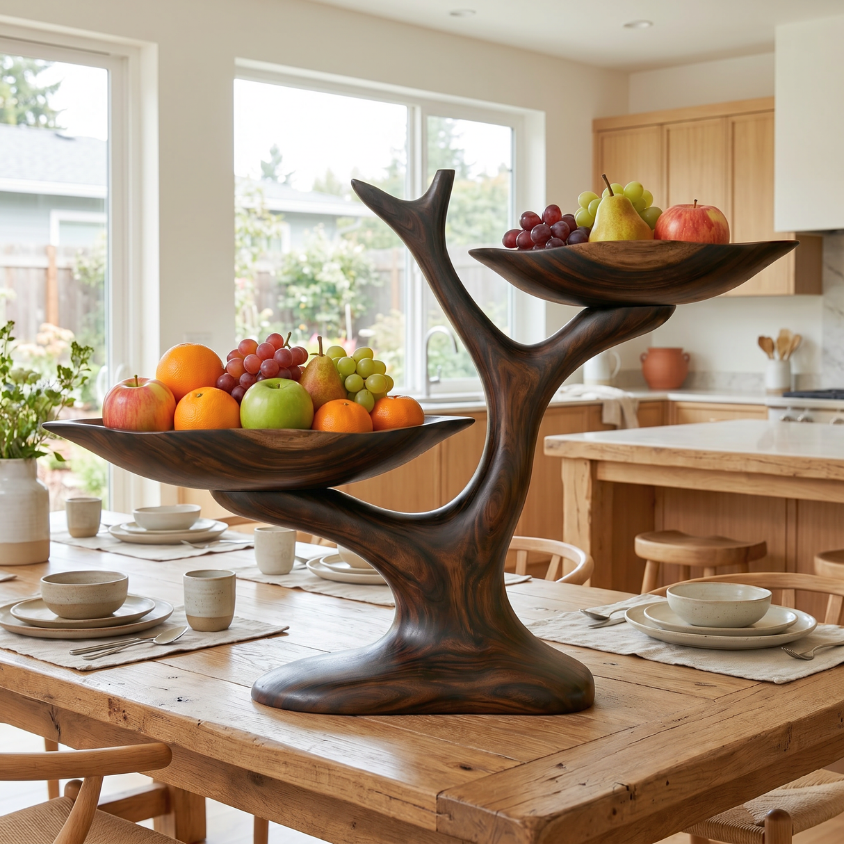 Handcrafted Two-Tier Solid Wood Fruit Bowl with Sculptural Tree Branch Stand