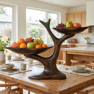 Handcrafted Two-Tier Solid Wood Fruit Bowl with Sculptural Tree Branch Stand