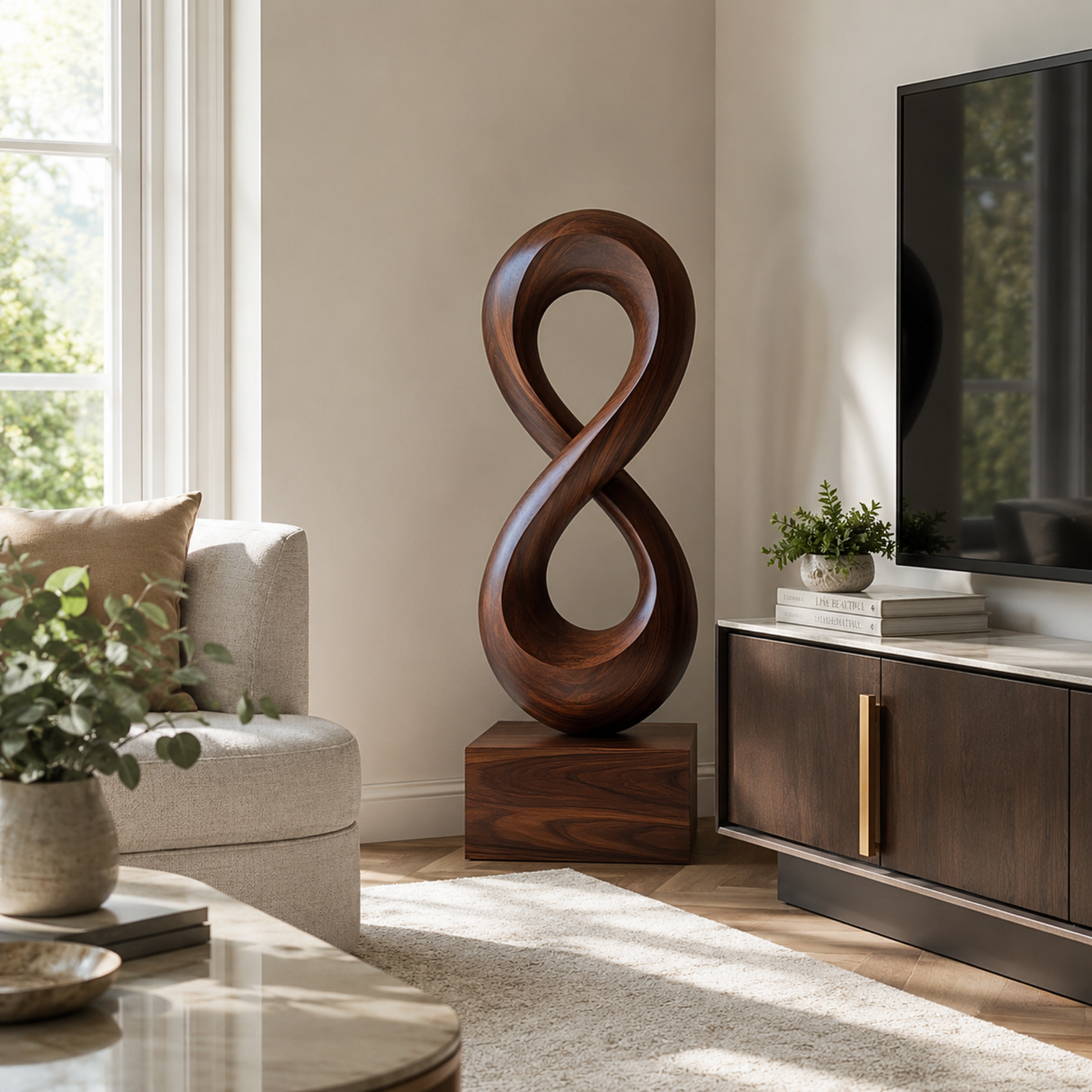 Handcrafted Solid Wood Infinity Loop Sculpture for Modern Entryway Decor