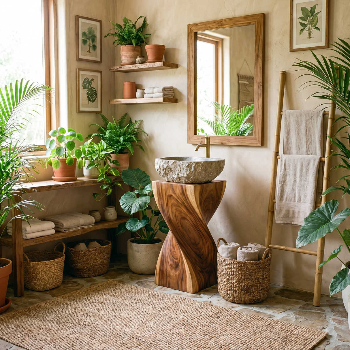 Twisted Solid Wood Pedestal Bathroom Sink Stand
