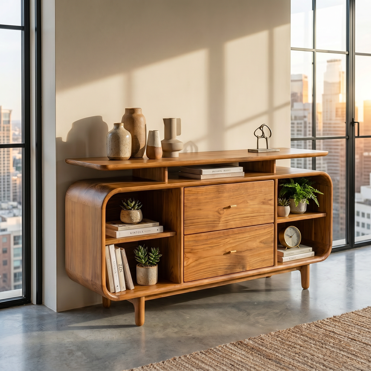 Handcrafted Solid Wood Raised Top Sideboard with Drawers and Open Shelves
