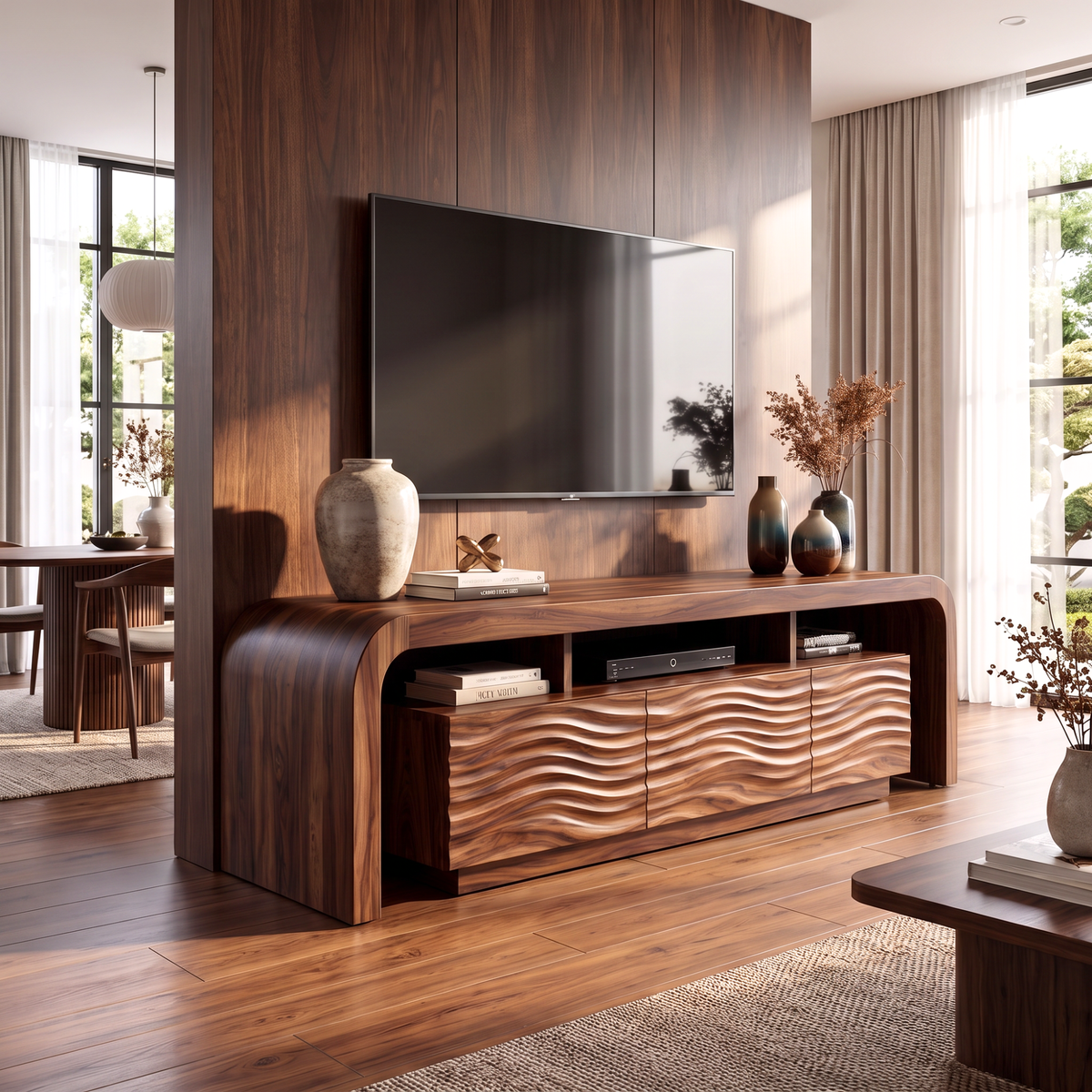 TV Stand with Waterfall Edge Frame and Sculpted Ripple Cabinet Doors
