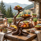 Three-Tier Sculptural Solid Wood Fruit Bowl with Organic Tree Branch Stand