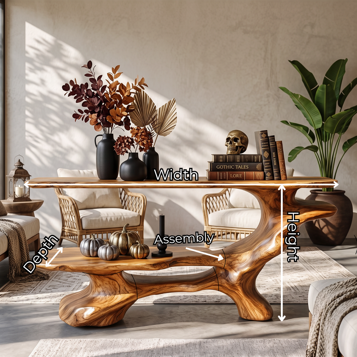 Artistic Solid Wood Console Table with Tiered Shelves and Flowing Branch Base