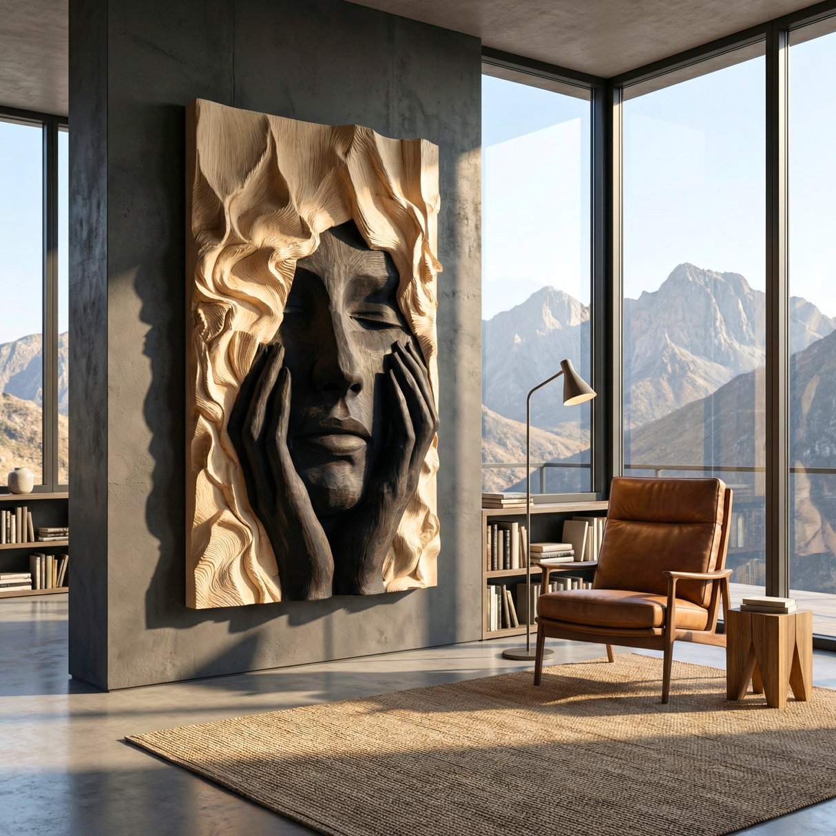 Handcrafted Solid Wood Wall Art Panel with Expressive Portrait Relief