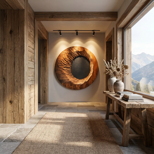 Handcrafted Solid Wood Ring Wall Art with Radial Carved Texture and Dark Inner Opening