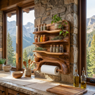 Handcrafted Solid Wood Spice Rack Shelf with Organic Edges and Paper Towel Holder