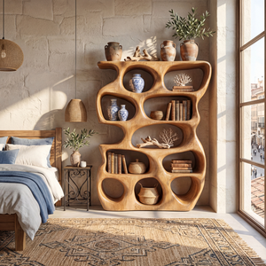 Abstract Organic Wood Display Shelf with Rounded Open Niches and Sculptural Form