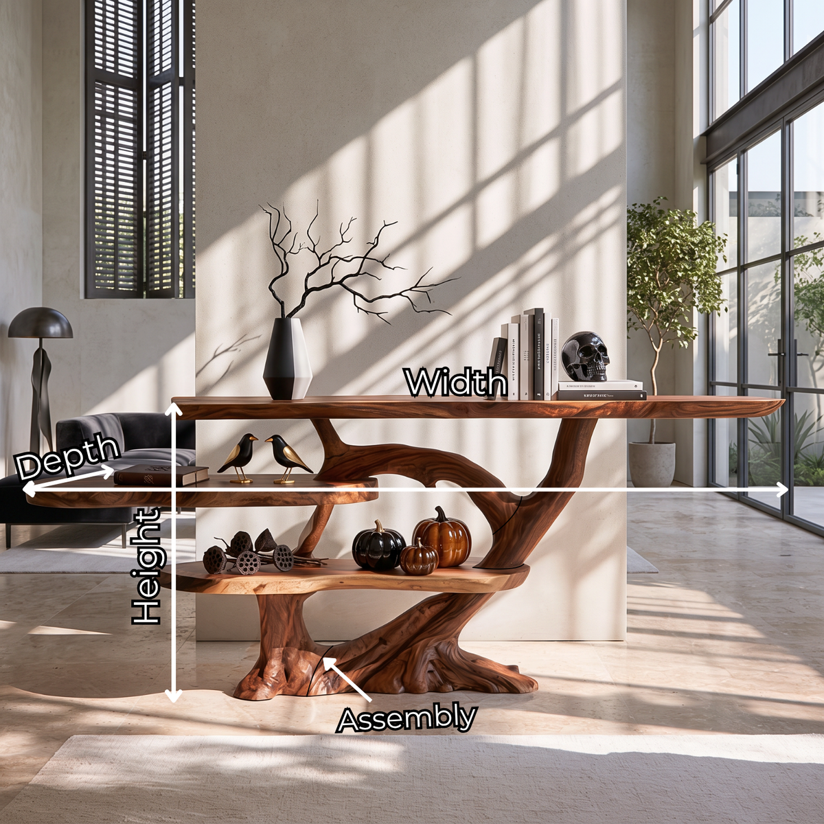 Handcrafted Solid Wood Console Table with Tiered Shelves and Sculptural Tree Base