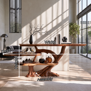 Handcrafted Solid Wood Console Table with Tiered Shelves and Sculptural Tree Base