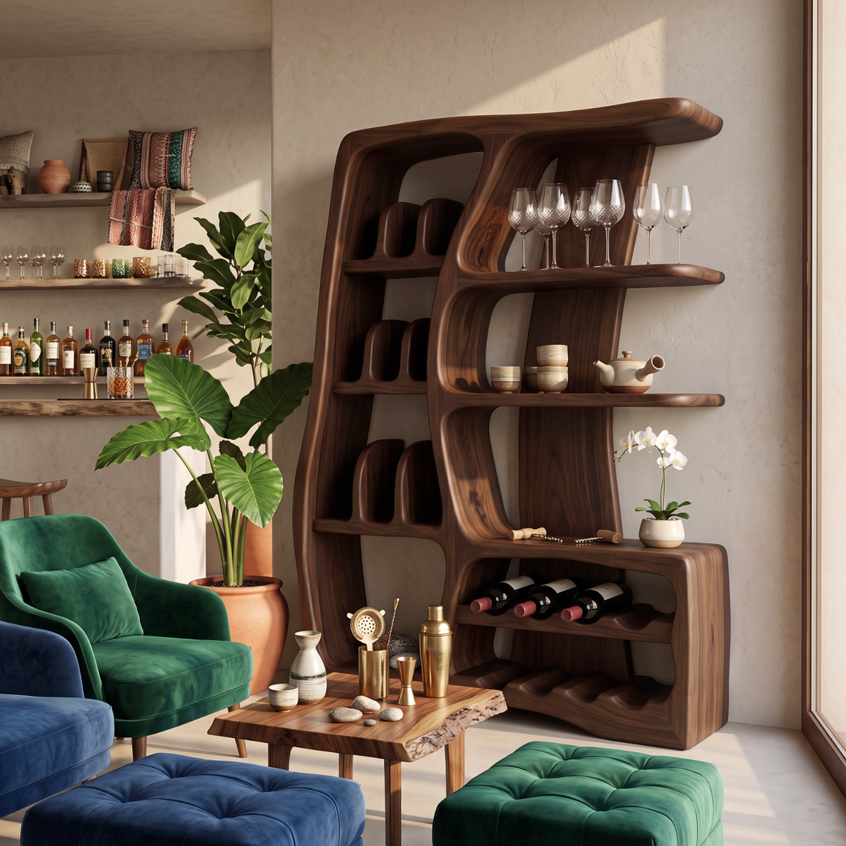 Solid Wood Wine Cabinet with Sculptural Open Shelves and Bottle Rack