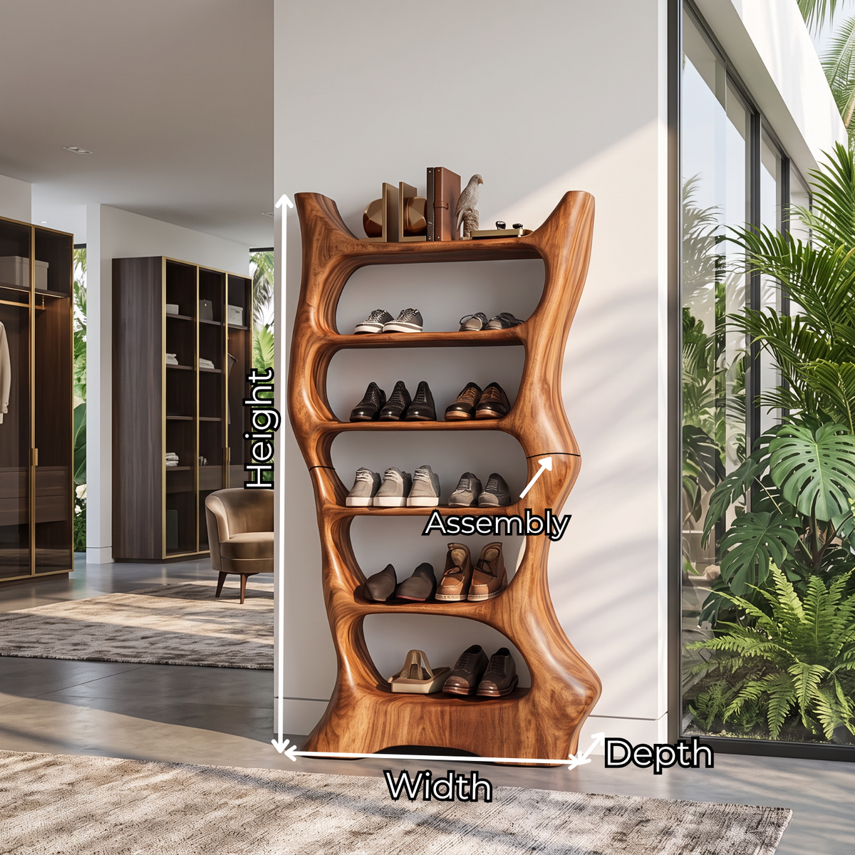 Shoe Rack Solid Wood with Sculptural Organic Frame and Multi Tier Shelves