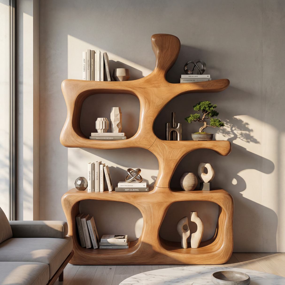 Sculptural Organic Wood Display Shelf with Open Compartments