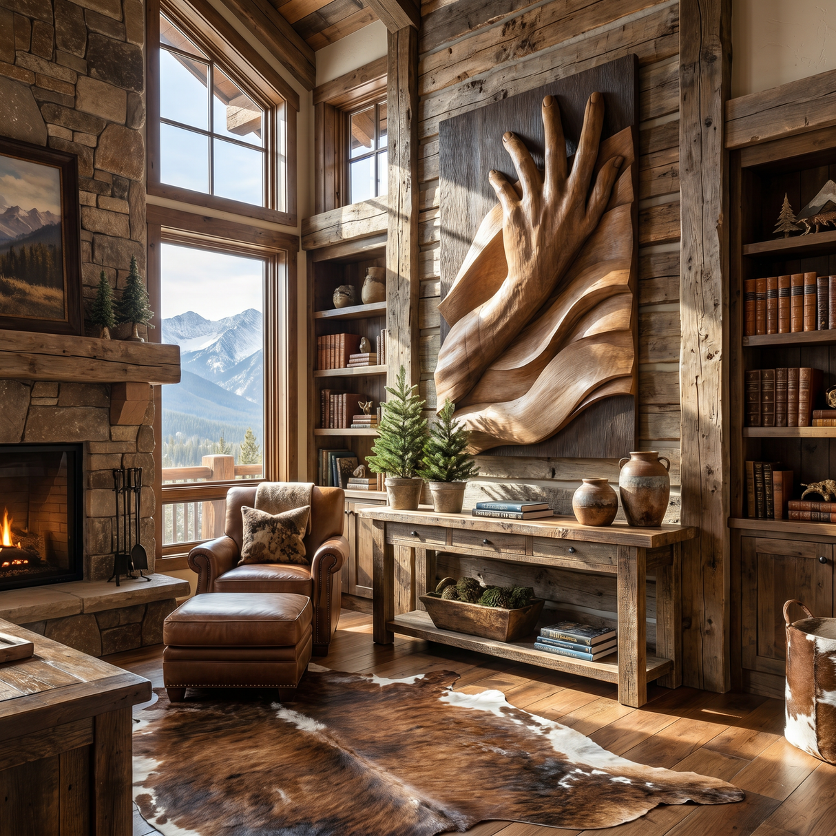 Hand-Carved Solid Wood Wall Sculpture with Reaching Hand Relief and Flowing Wave Form
