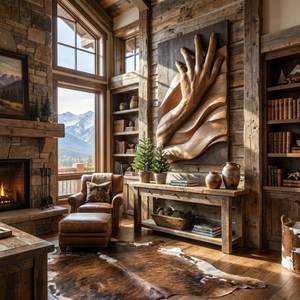 Hand-Carved Solid Wood Wall Sculpture with Reaching Hand Relief and Flowing Wave Form