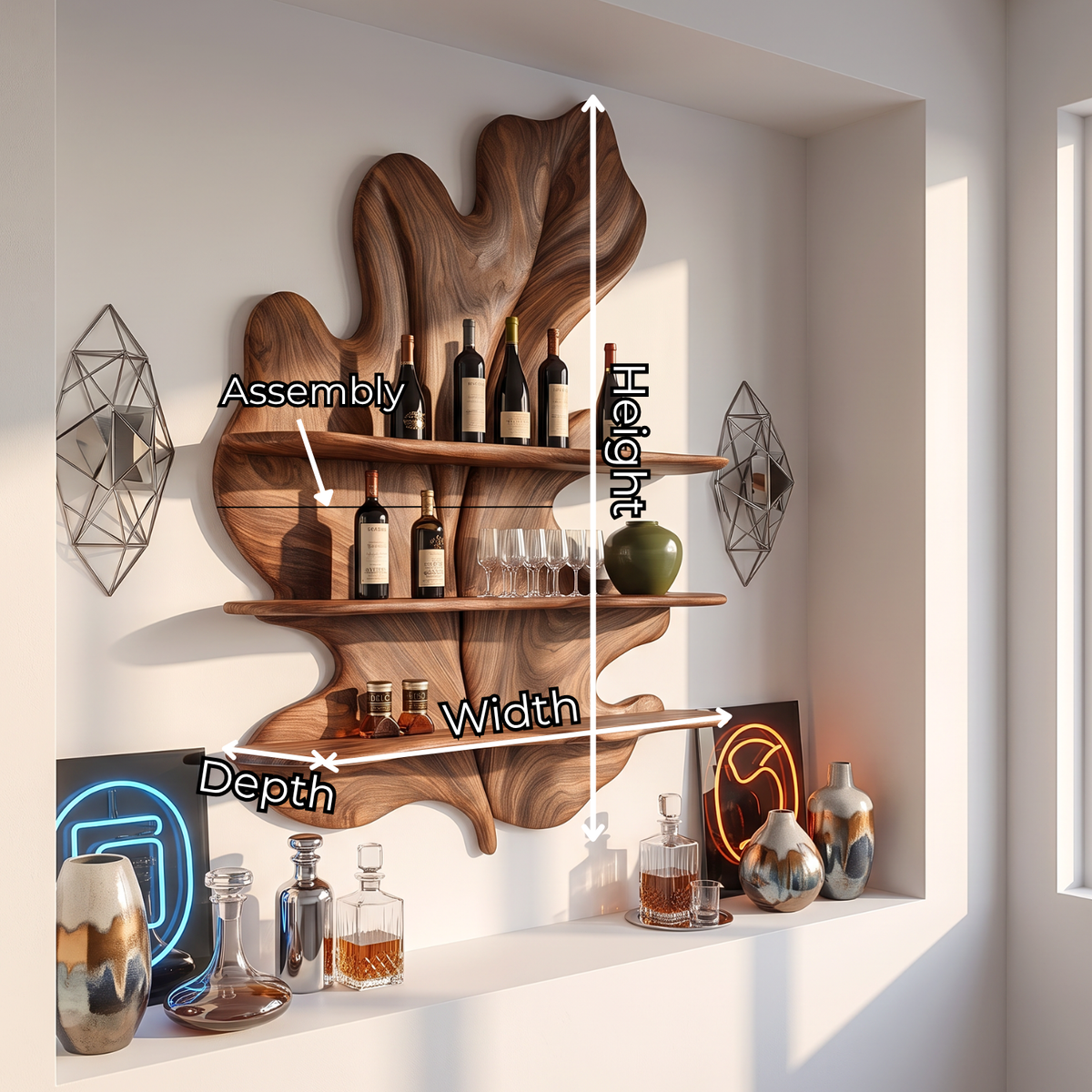 Tropical Leaf Solid Wood Wall Wine Holder with Three Display Shelves