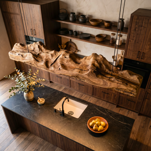Organic Solid Wood Linear Pendant Light with Sculptural Live Edge Form