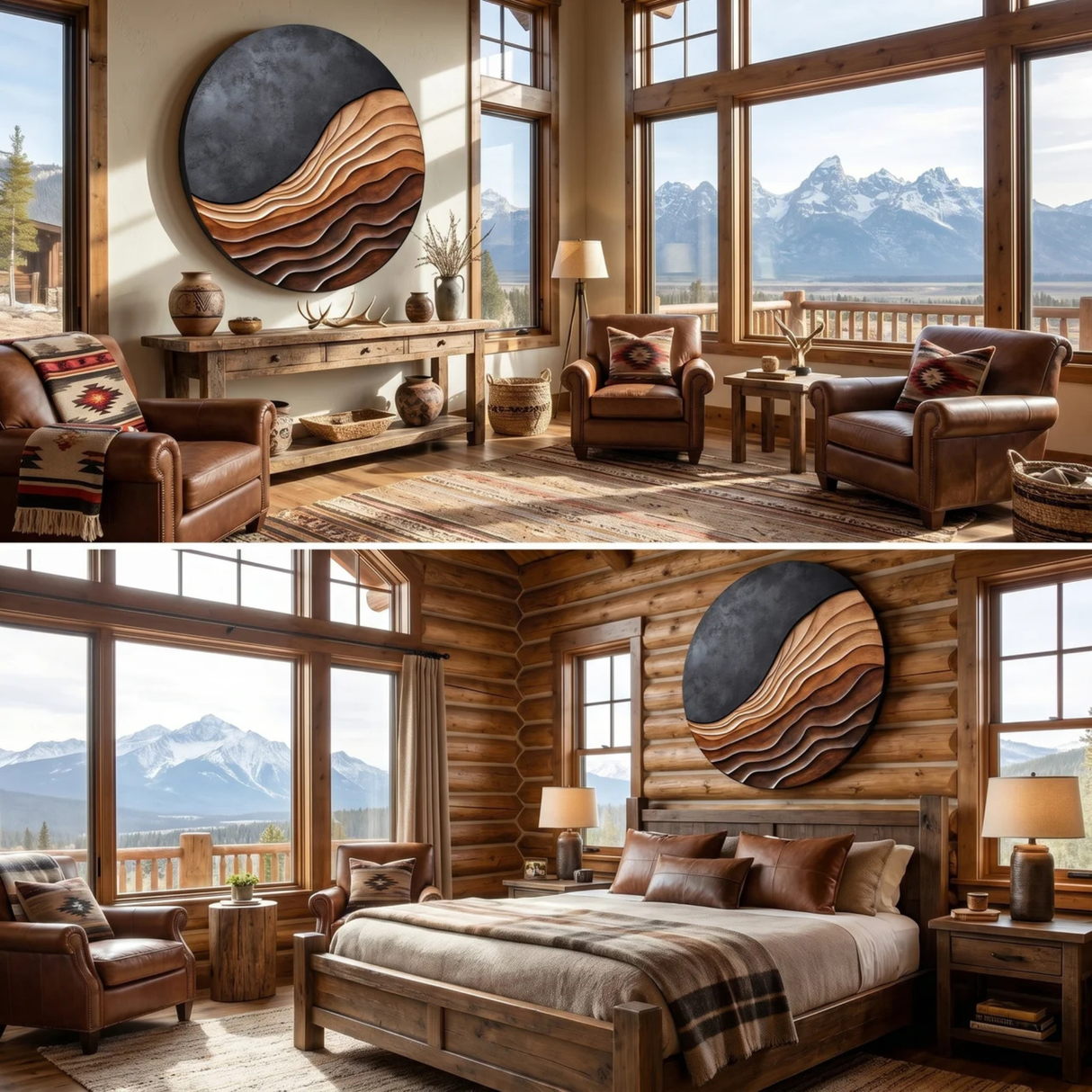 Round Layered Solid Wood Wall Sculpture with Flowing Relief and Textured Contrast