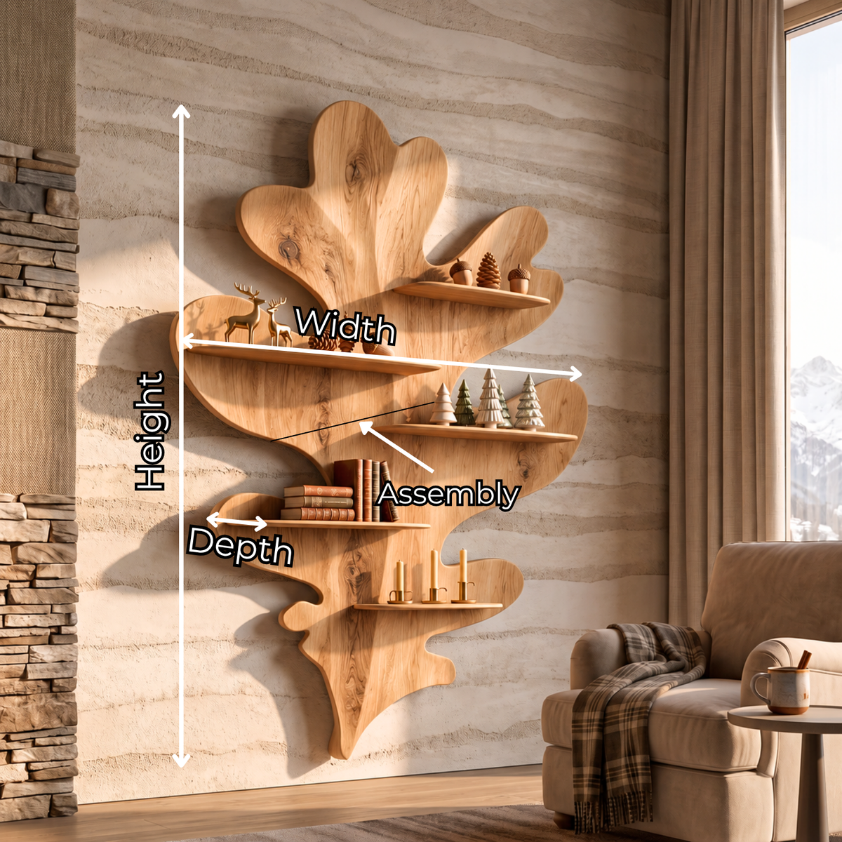 Sculptural Leaf Solid Wood Wall Shelf with Organic Botanical Display Design