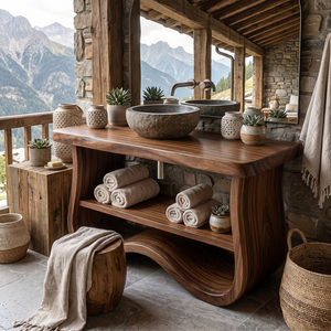 Organic Solid Wood Bathroom Vanity with Sculpted Wave Base