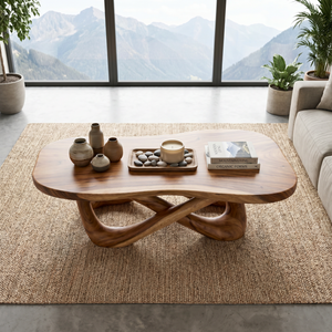 Handcrafted Solid Wood Coffee Table with Interwoven Sculptural Base and Rounded Top