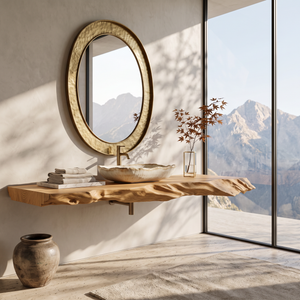 Solid Wood Floating Bathroom Vanity Shelf with Sculptural Live Edge for Modern Decor