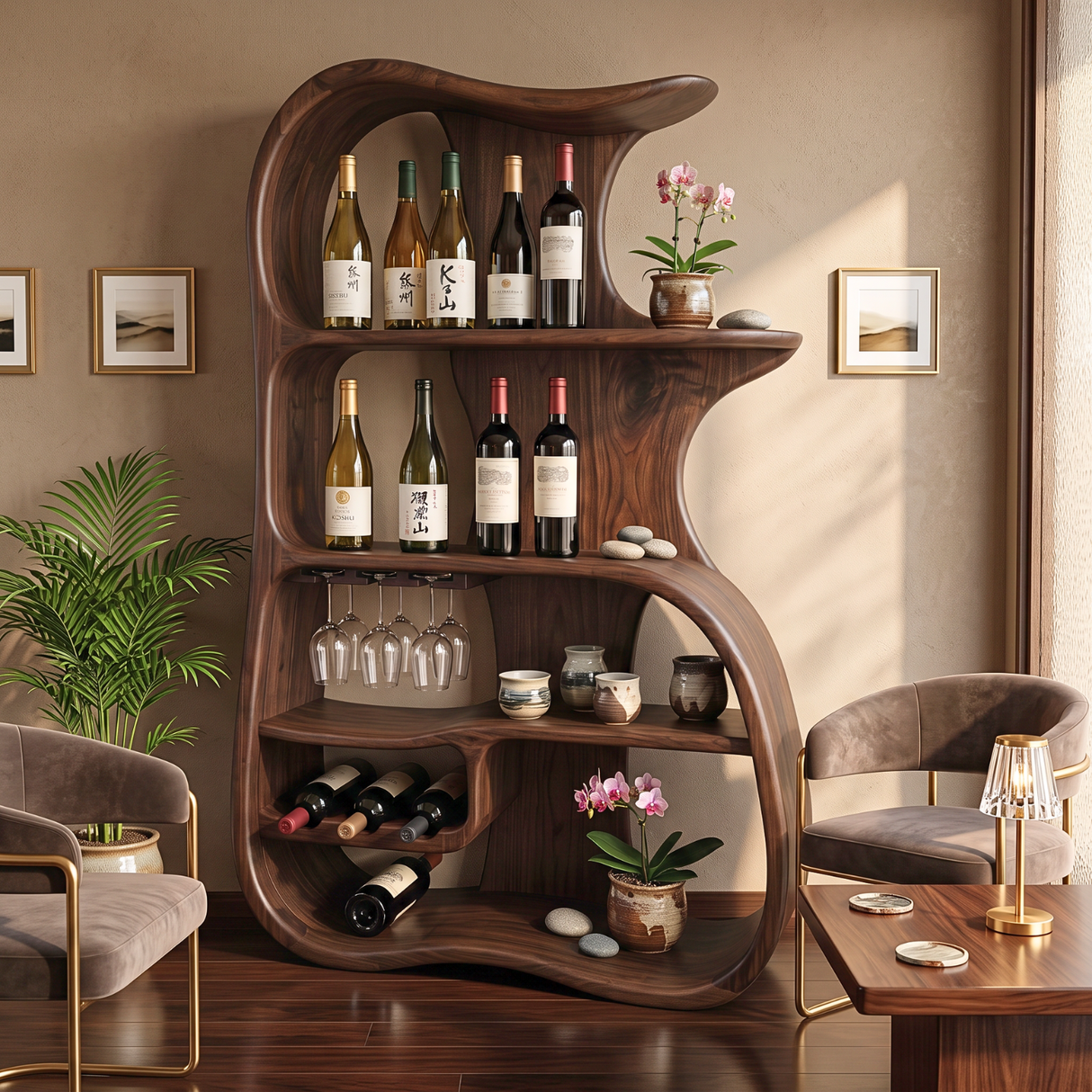 Wine Cabinet Solid Wood Organic Open Shelf Design for Dining Room