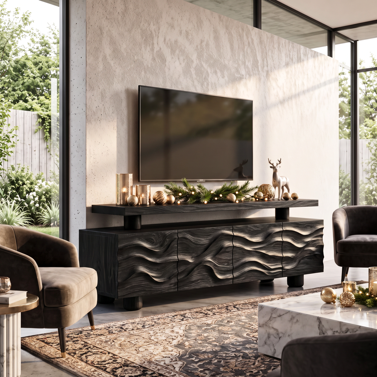 TV Stand with Raised Floating Top and Hand Carved Wave Cabinet Doors