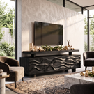 TV Stand with Raised Floating Top and Hand Carved Wave Cabinet Doors