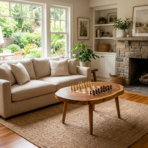 Handcrafted Solid Wood Oval Chess Coffee Table with Built In Board