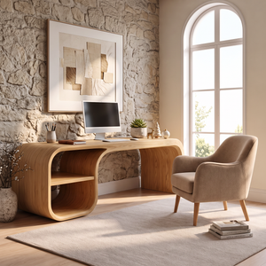 Sculptural Curved Solid Wood Desk With Open Shelf For Home Office